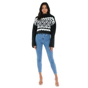 NWT Free People Alpine Crop Mock Neck Sweater Onyx Combo L Black